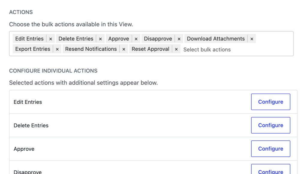 Bulk Actions widget settings with Edit Entries, Delete Entries, Approve, and other actions selected