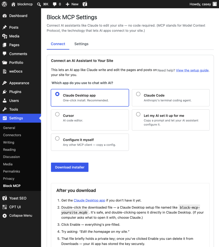 The Block MCP connect screen in WordPress, with a picker offering Claude Desktop app, Claude Code, Cursor, and other MCP client options