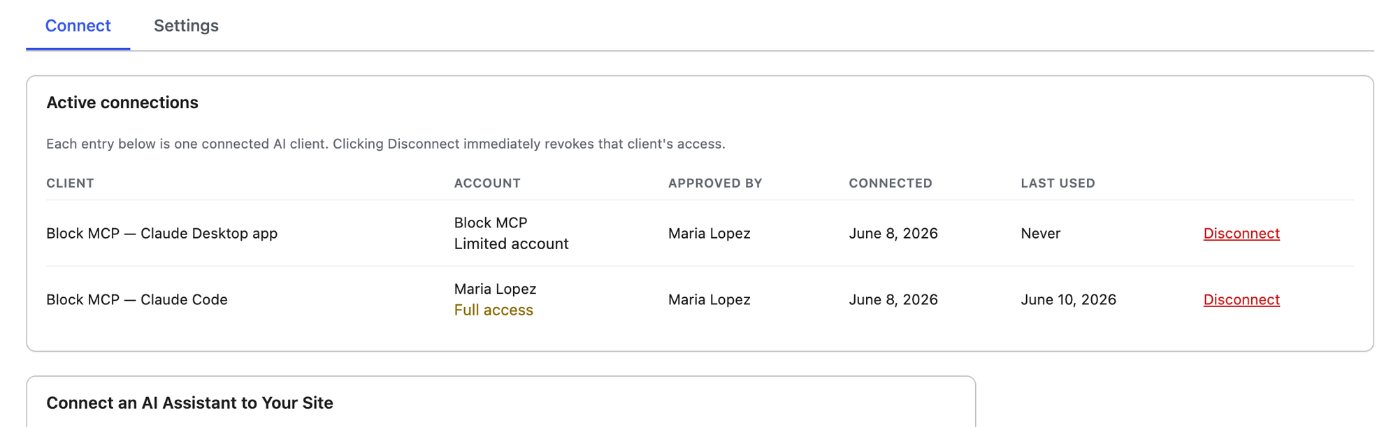 The Active connections list
