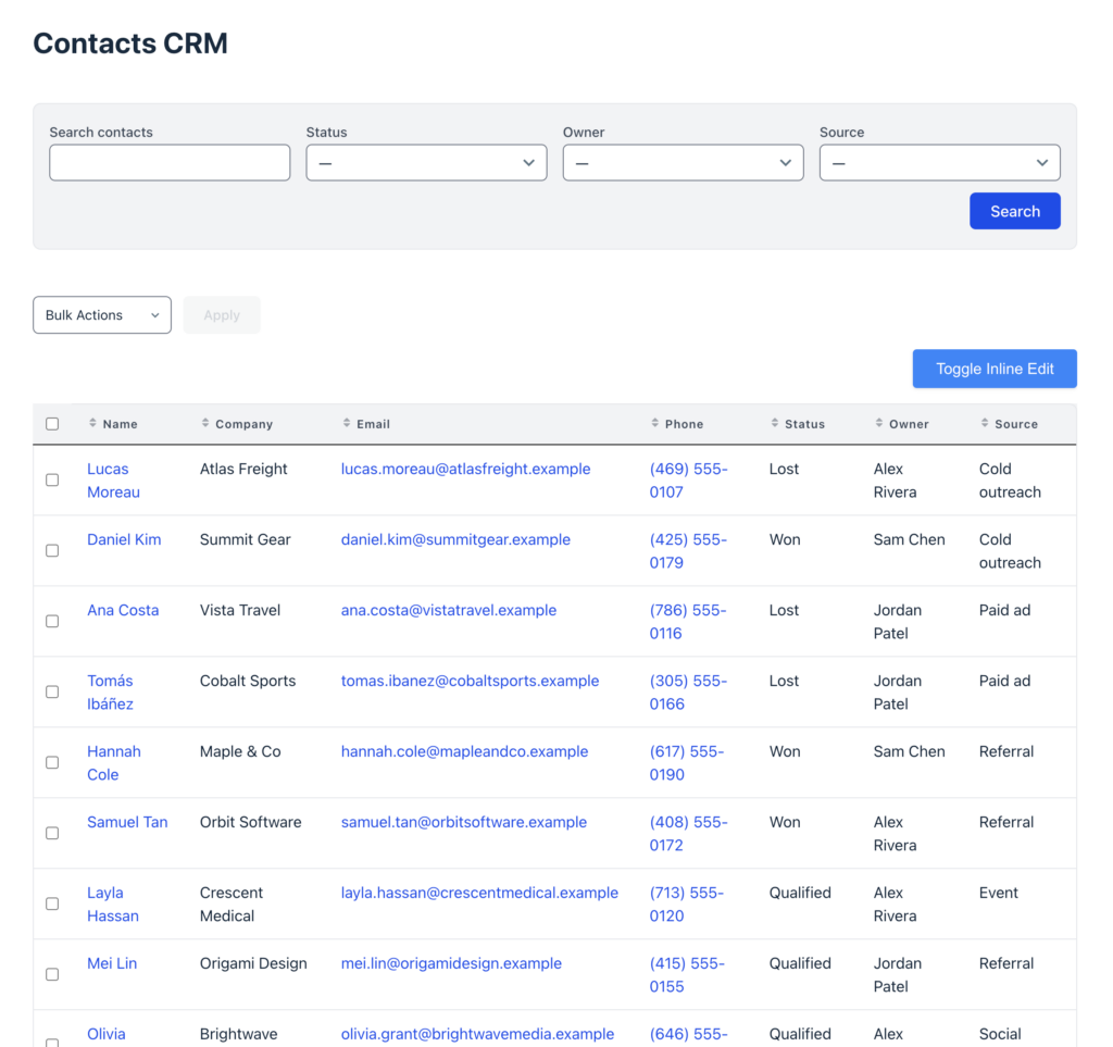 Front-end Contacts CRM table with a search bar and Name, Company, Email, Phone, Status, Owner, and Source columns