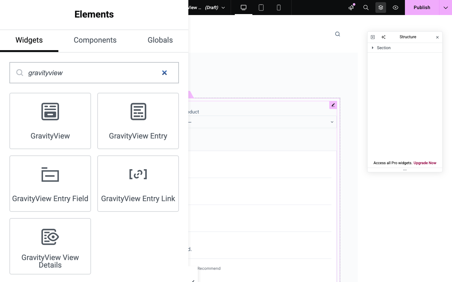 The GravityView widgets in Elementor's Elements panel, showing the View, entries, and field widgets