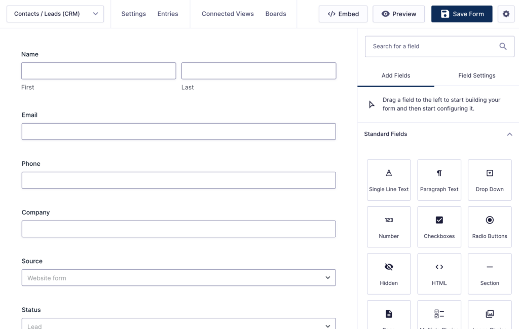 Gravity Forms editor showing a Contacts / Leads form with Name, Email, Phone, Company, Source, Status, and Owner fields