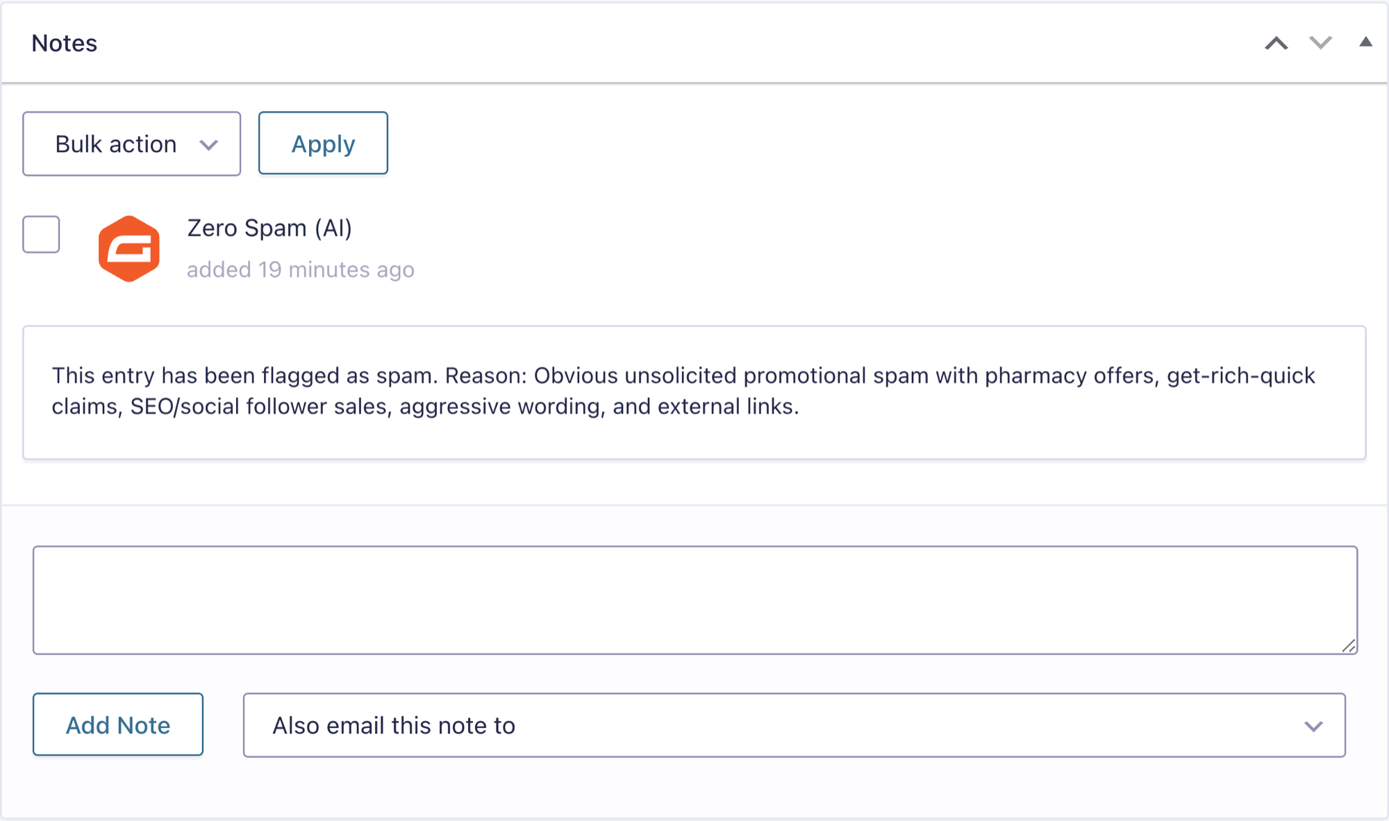 A Gravity Forms entry flagged as spam by Zero Spam (AI), with an entry note giving the AI reason: obvious unsolicited promotional spam with pharmacy offers and external links