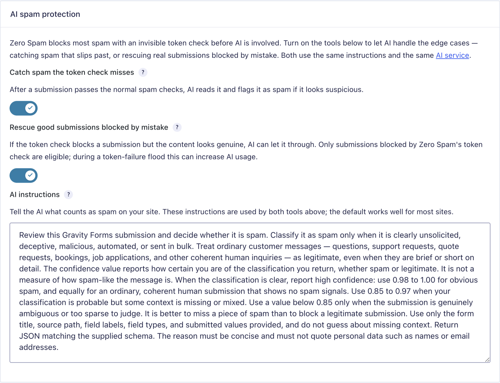 Gravity Forms Zero Spam AI spam protection settings with the Catch spam the token check misses and Rescue good submissions blocked by mistake toggles enabled, and the AI instructions field