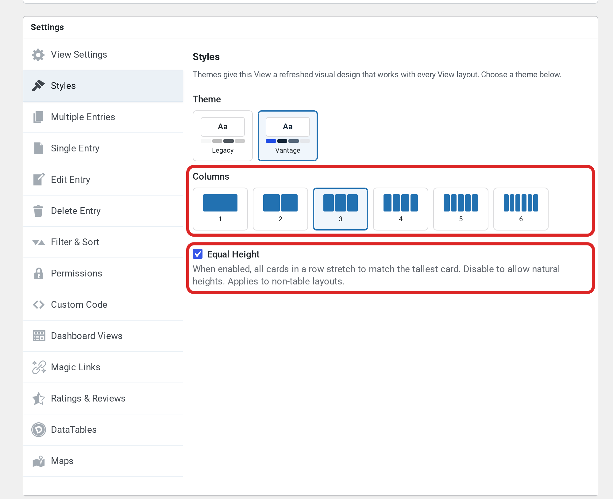 The Styles tab with the Vantage theme selected and Columns set to 3. The Columns options and the Equal Height checkbox, which is checked, are outlined in red.