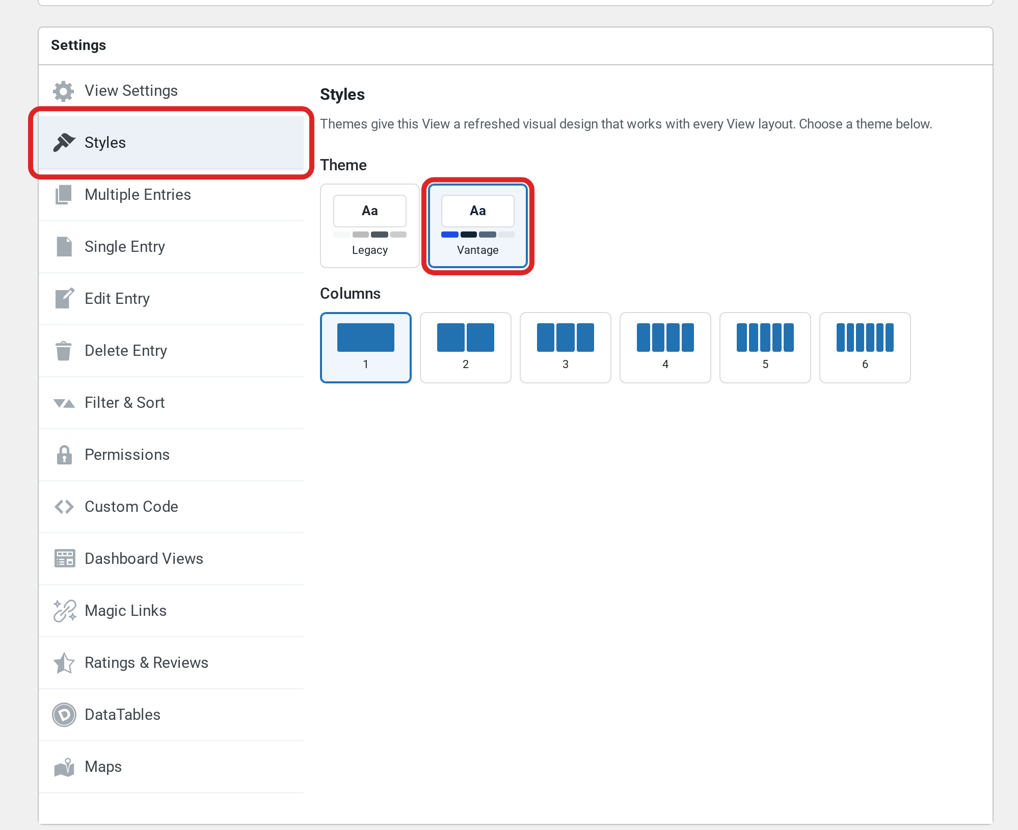 The Settings box in the View editor with the Styles tab open. The Styles tab and the Vantage option under Theme are outlined in red. Below them, the Columns setting shows options 1 to 6, with 1 selected.