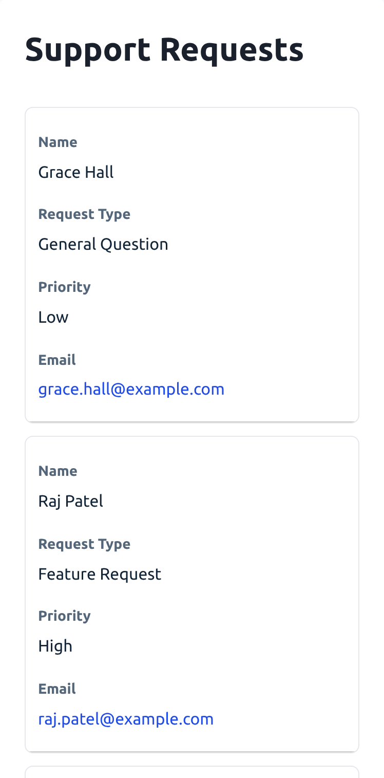 A Table View with the Vantage theme on a phone. Each entry is a card listing Name, Request Type, Priority, and Email, with each column name above its value.