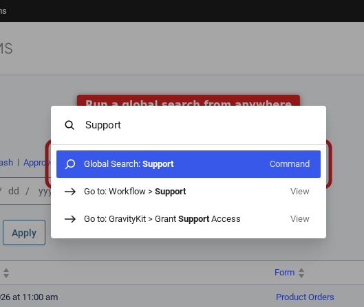 The WordPress command palette showing a GravitySearch global search command