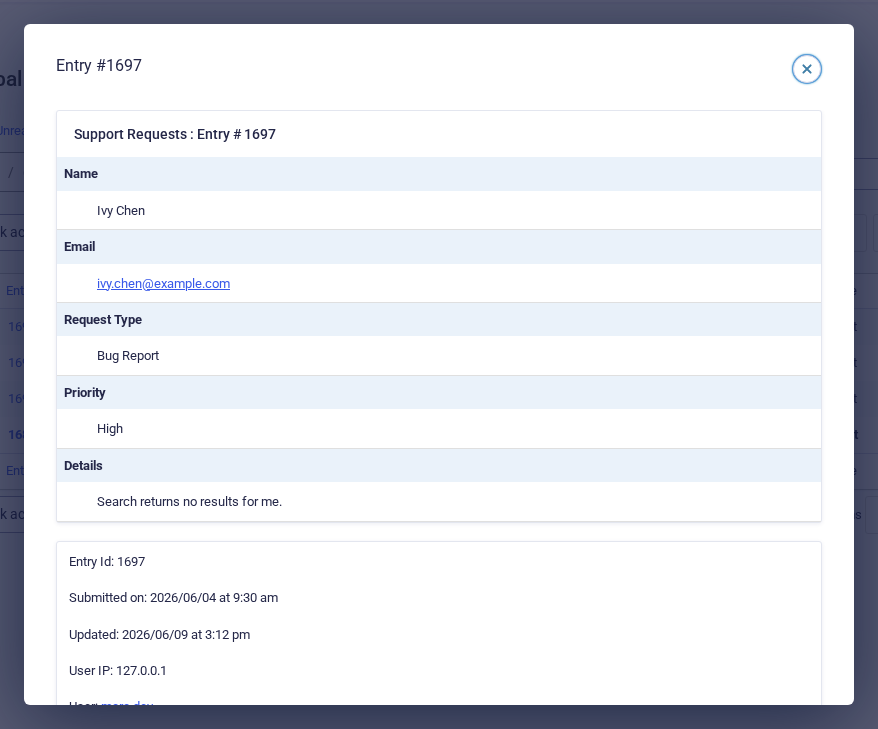 An entry preview showing every field of a submission, open over the search results