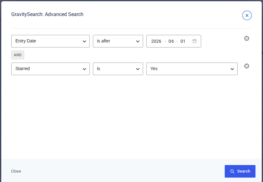 The Global Search advanced filter builder with two conditions: Entry Date is after a date, combined with AND, and Starred is Yes