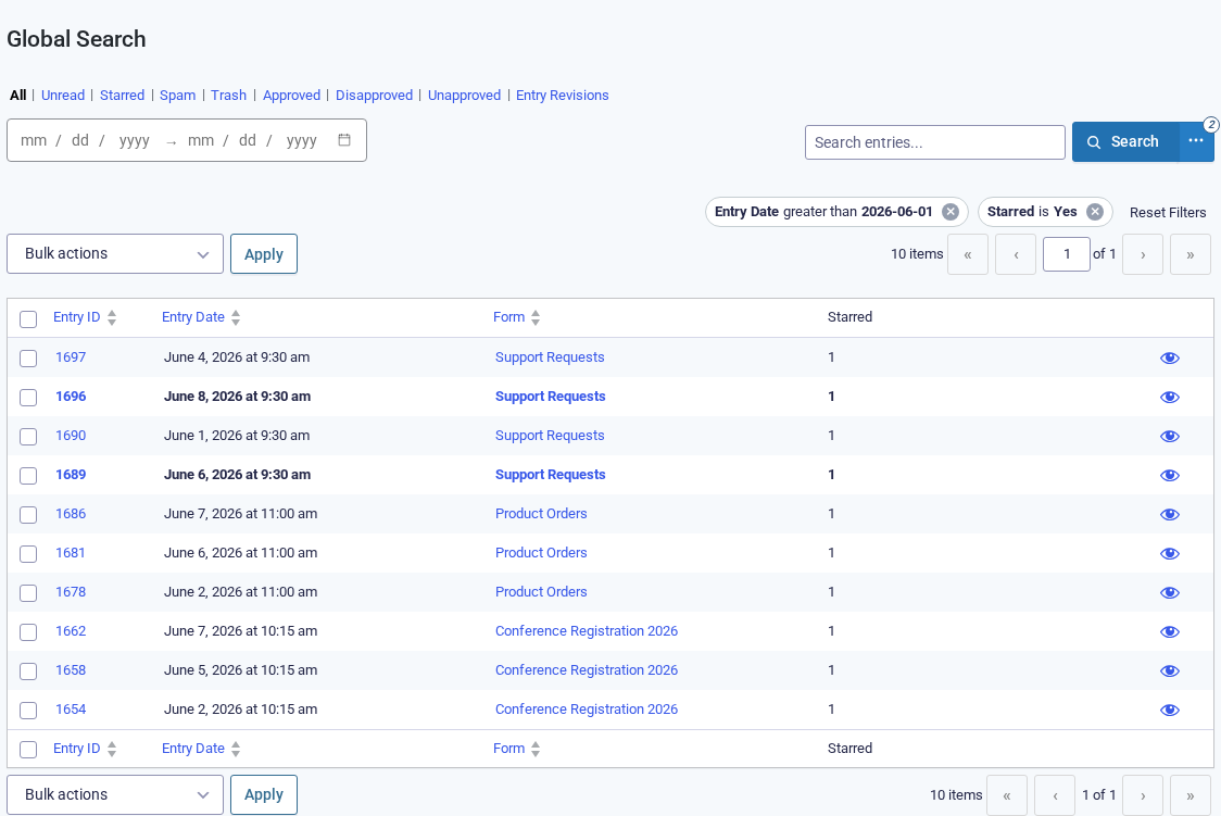 Global Search results filtered to recent starred entries spanning three different forms, with the two conditions shown as removable chips above the table