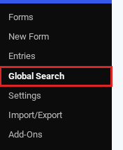 The Forms submenu in the WordPress admin with Global Search highlighted as the current page