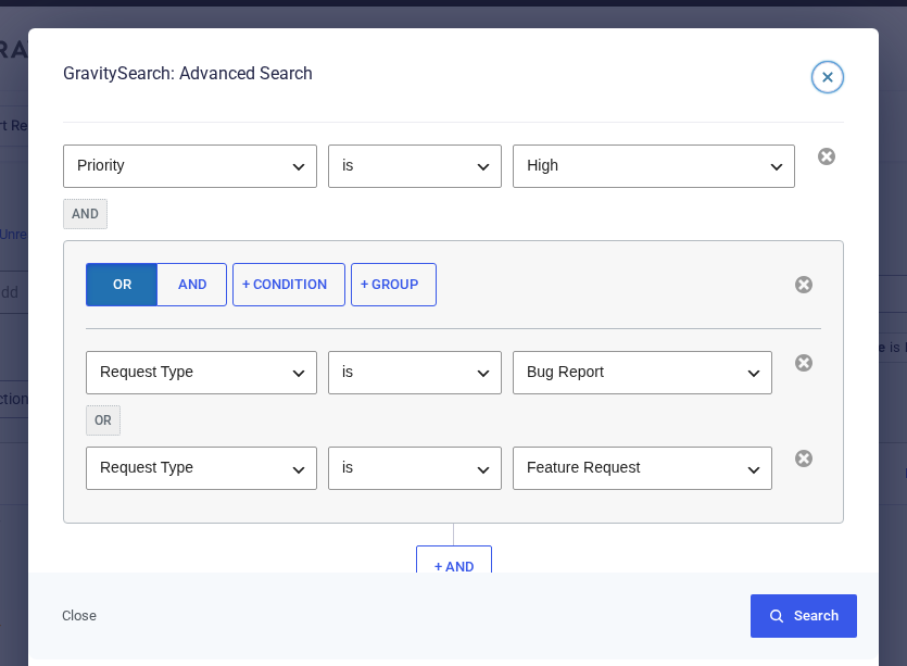 The advanced filter builder on a single form showing Priority is High AND a nested group of Request Type is Bug Report OR Feature Request