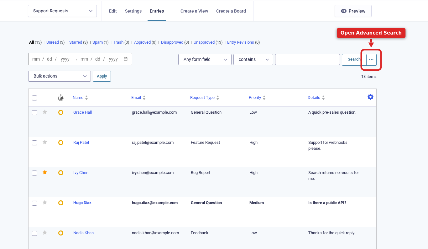 A single form's entry list with the GravitySearch search box and three-dots Advanced Search button highlighted