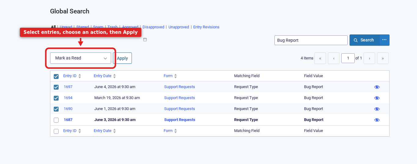 A filtered set of entries selected in Global Search with a bulk action chosen