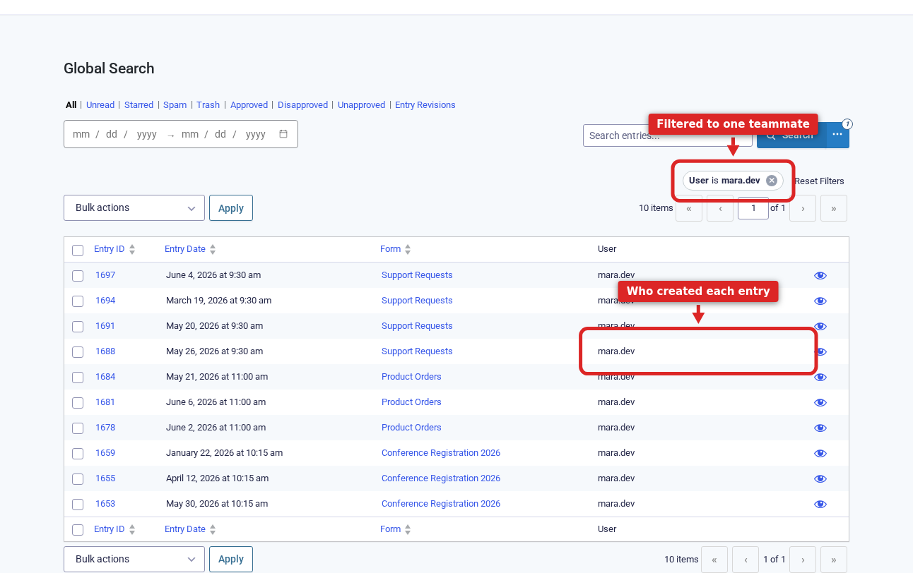 Global Search filtered to one user, showing that teammate's entries across several forms in the User column