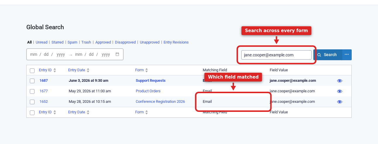 Global Search returning one person's entries across three different forms