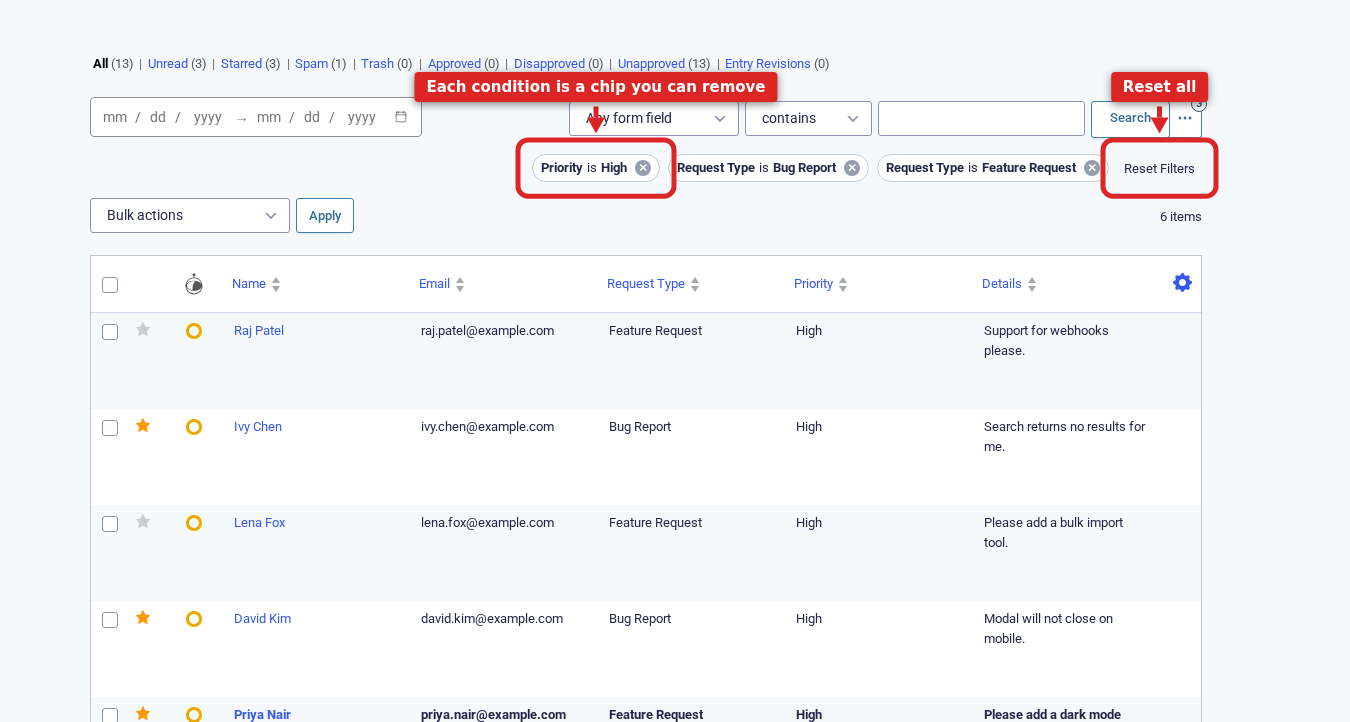 The entry list narrowed to high-priority bug reports and feature requests, with filter chips above