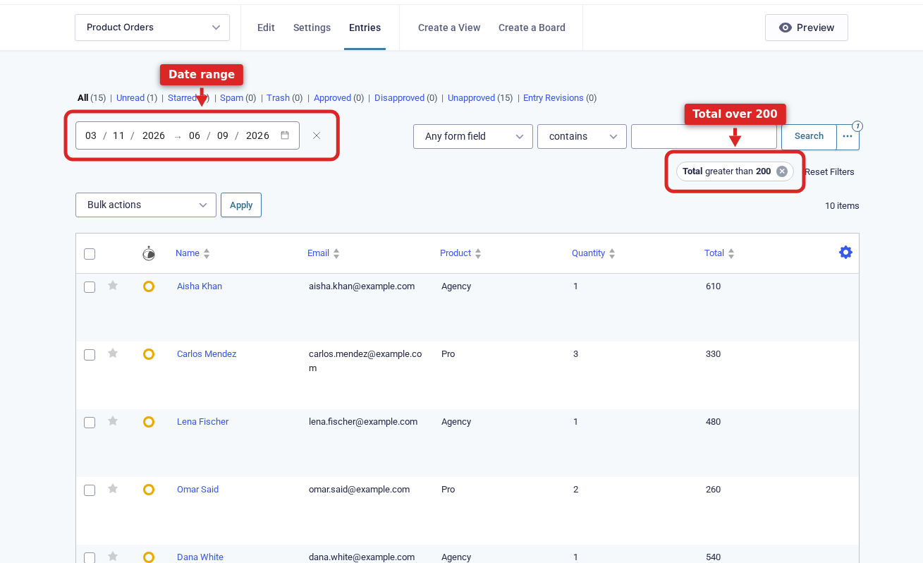 A single form's entries filtered to Total greater than 200 within a date range, with the date-range picker populated above the results