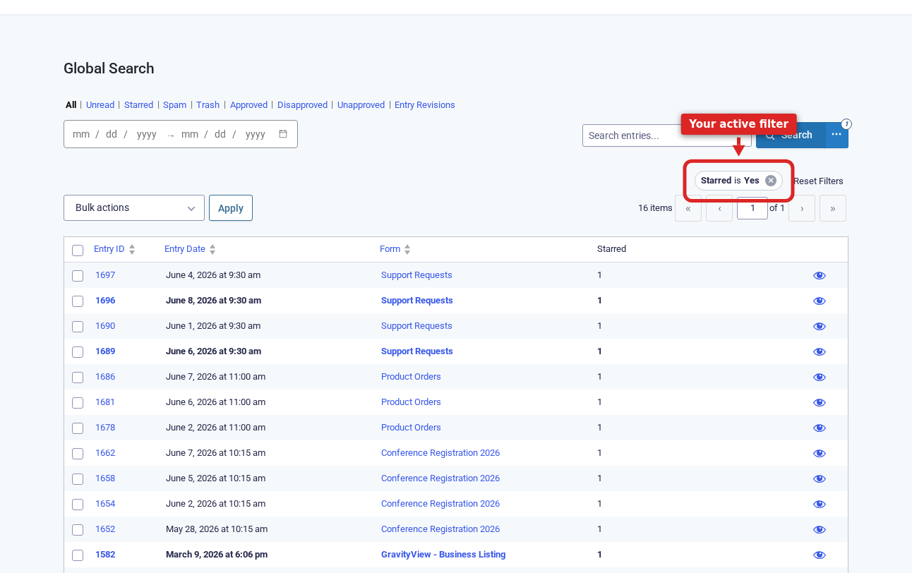 Global Search filtered to Starred is Yes, gathering flagged entries from several different forms into one list