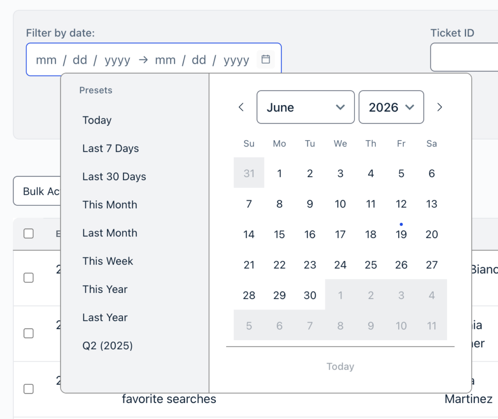 A GravityView date range search picker open on a View, showing a Presets list (This Week, This Year, Last Year, quarterly ranges) next to a calendar.