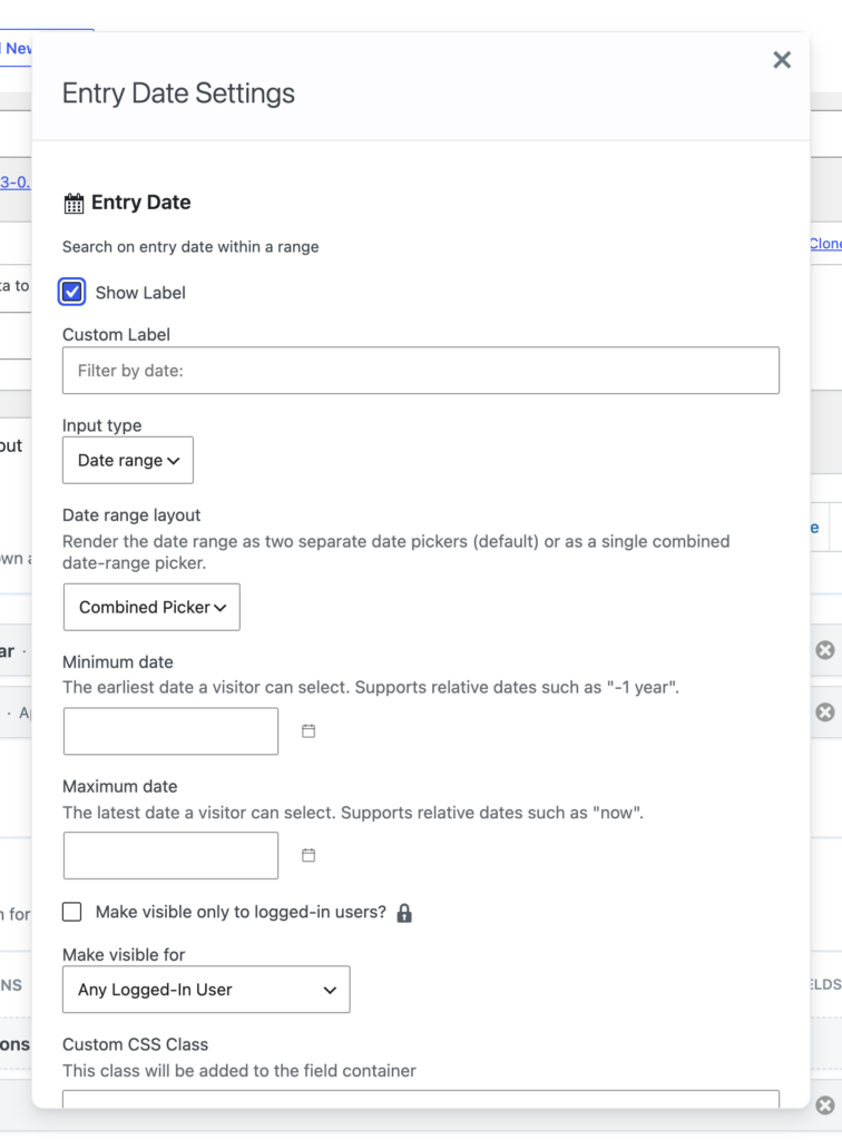 The settings for a Date field in the GravityView Search Bar, showing the Date range layout option set to Combined Picker plus Minimum date and Maximum date fields.