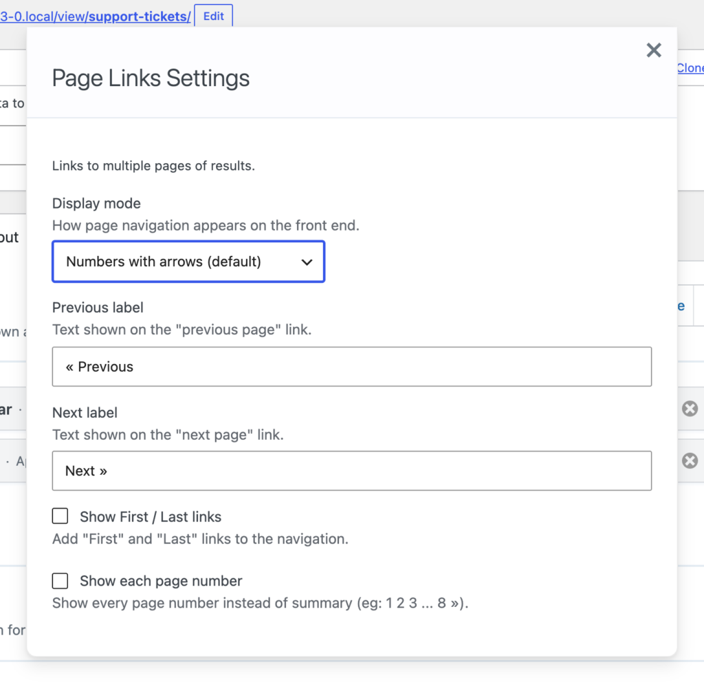 The GravityView Page Links widget settings, showing the new Display mode setting set to Numbers with arrows.