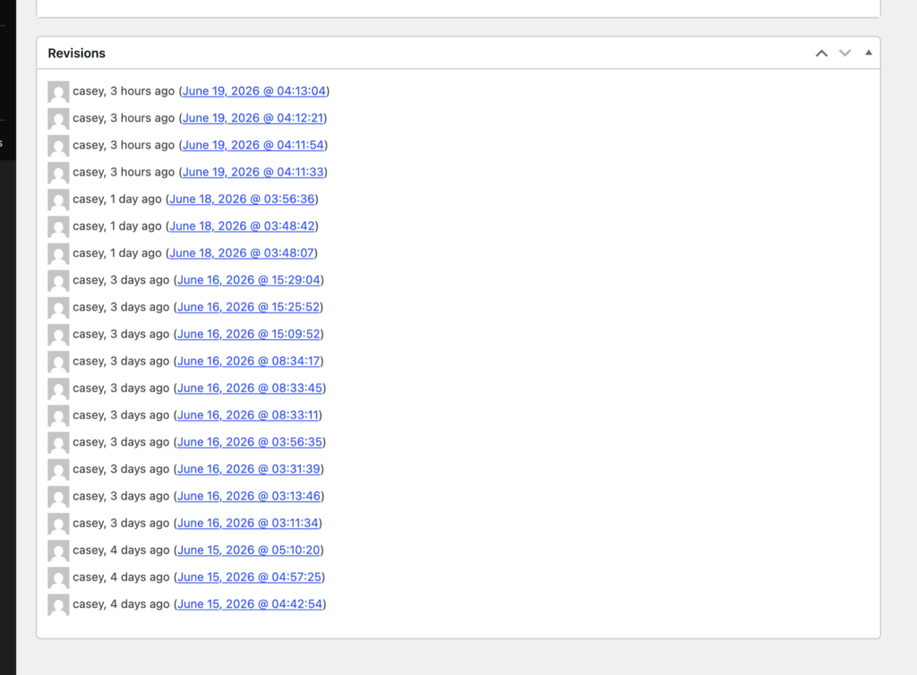 The Revisions box on the GravityView Edit View screen, listing saved revisions of the View with their dates and authors.