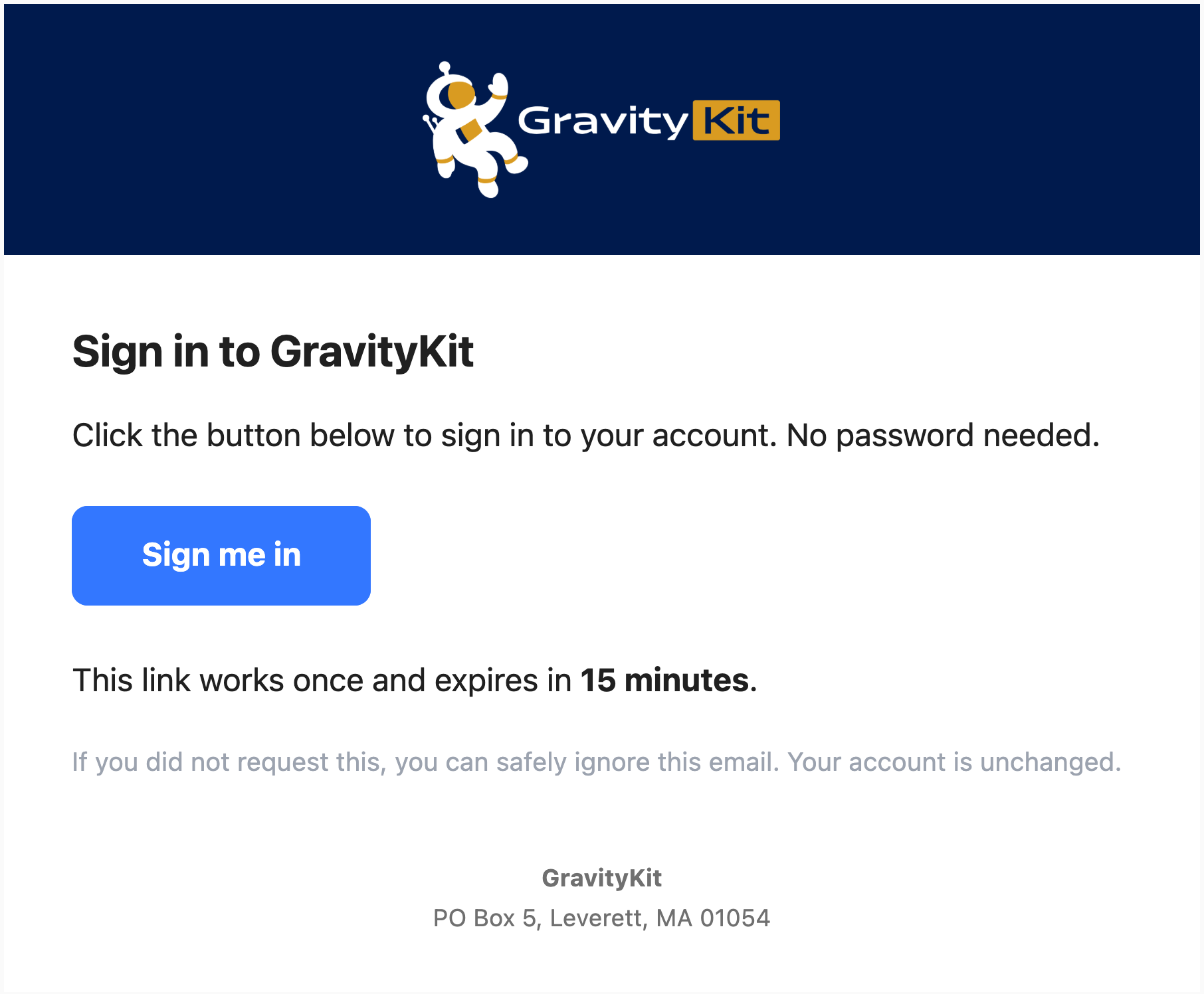 The GravityKit 'Your sign-in link' email with a 'Sign me in' button