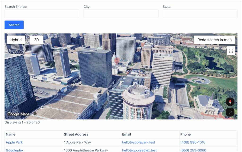 Aerial 3D Hybrid map view of downtown St. Louis rendered in a GravityView Maps Layout, with photorealistic skyscrapers, streets, and a green park area visible. The View header includes Search Entries, City, and State filters, and the entries table below the map lists Apple Park and Googleplex with their addresses and contact details.

