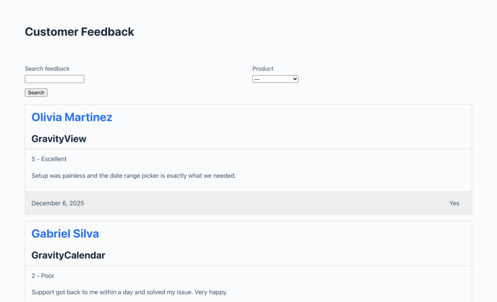 A GravityView List View with Modern Styles turned off, showing the default appearance.