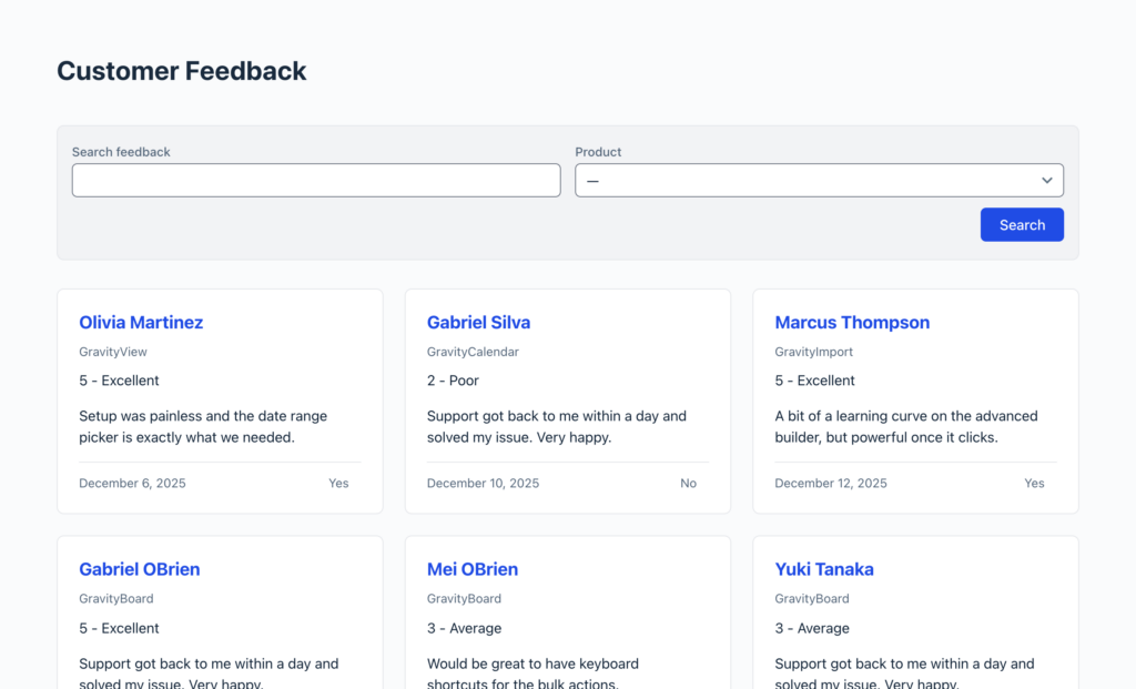 A GravityView View on the front end with Modern Styles enabled, showing entries in a clean, modern card layout.