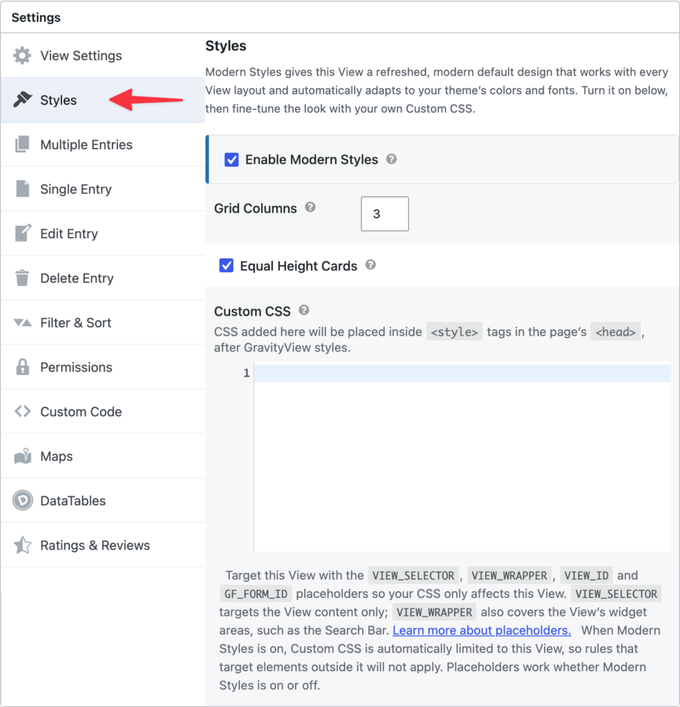 The GravityView View Settings metabox with the Styles tab selected in the side navigation, showing Enable Modern Styles switched on, the Grid Columns field, and Equal Height Cards.