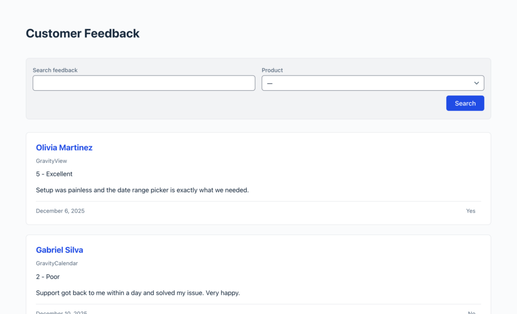 A GravityView List View with Modern Styles enabled at a single column, showing the refreshed styling without a card grid.