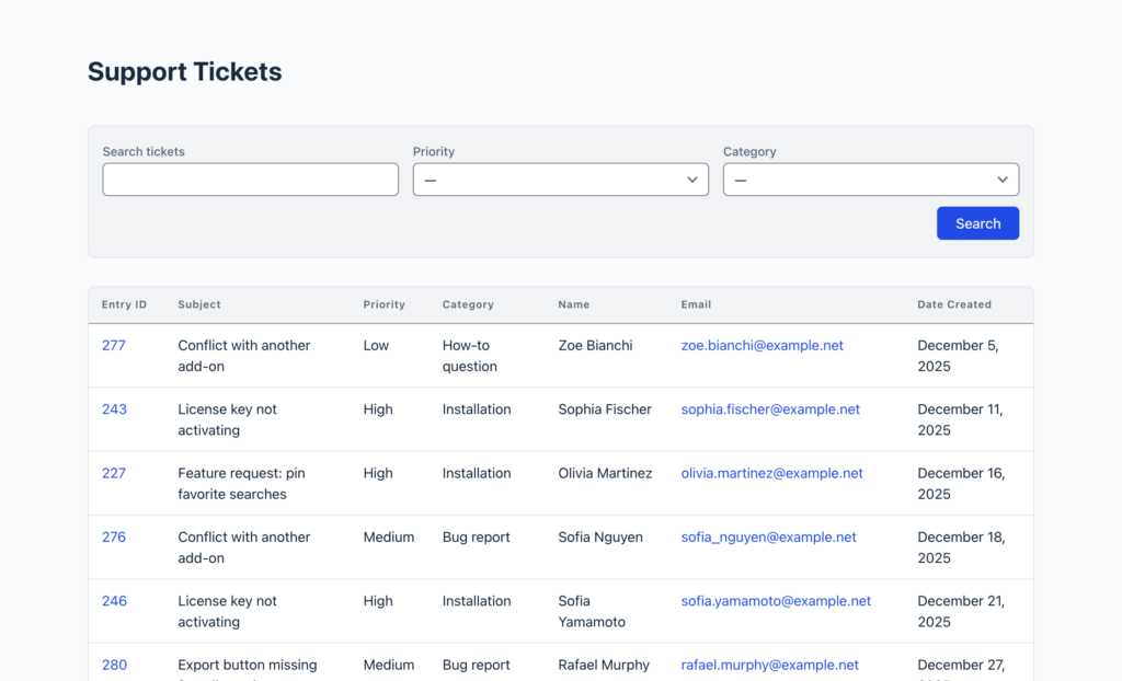 The same GravityView Table View with Modern Styles enabled, showing the refreshed search panel with the Search button at the bottom right, lighter borders, and roomier rows.