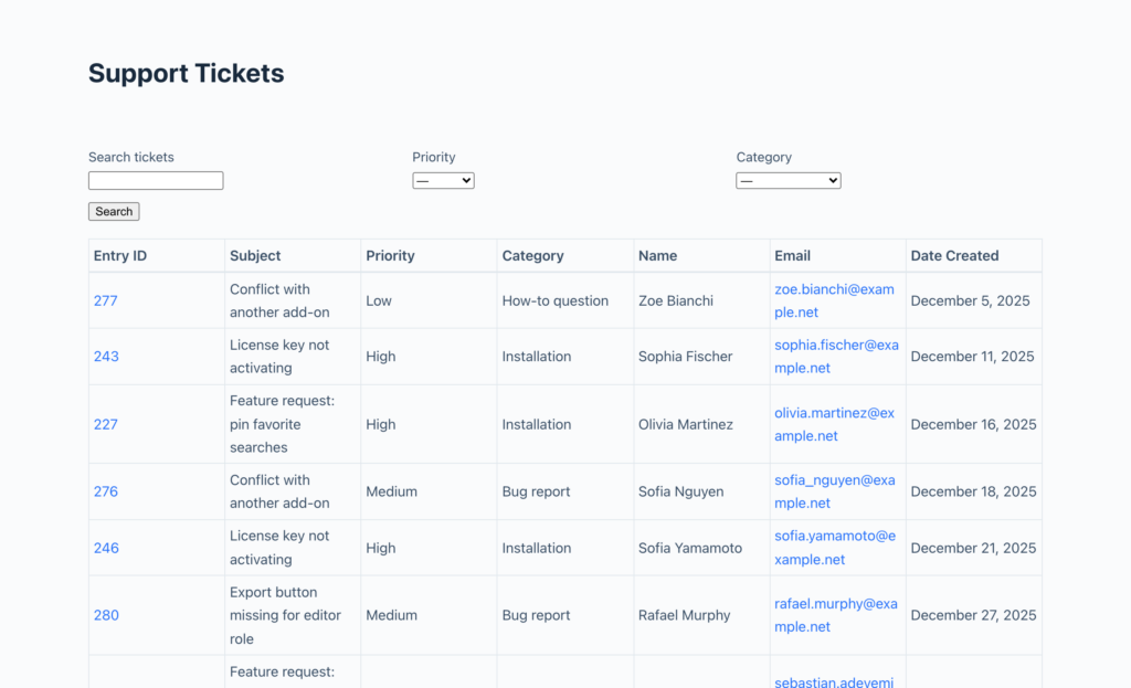 A GravityView Table View with Modern Styles turned off, showing the default table styling.