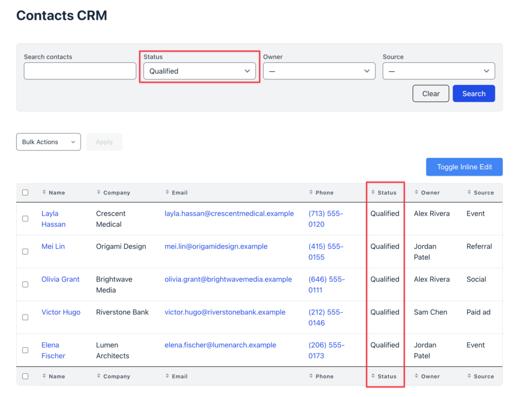 Contacts table filtered by the search bar to show only contacts with a Qualified status