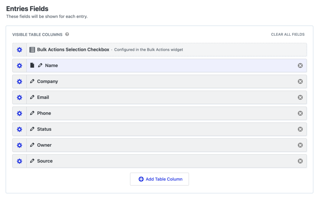 GravityView View editor showing the Entries Fields section with the contact columns added
