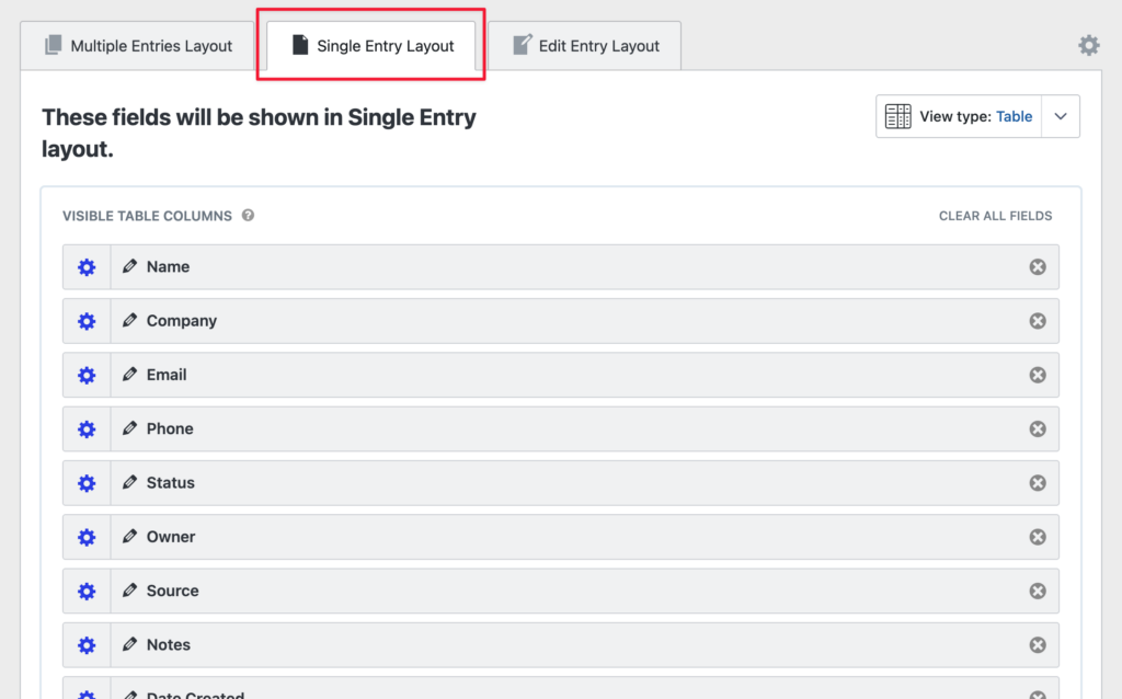 GravityView Single Entry Layout tab showing the contact fields, including Notes and Date Created