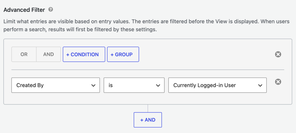 GravityView Advanced Filter set to Created By is Currently Logged-in User