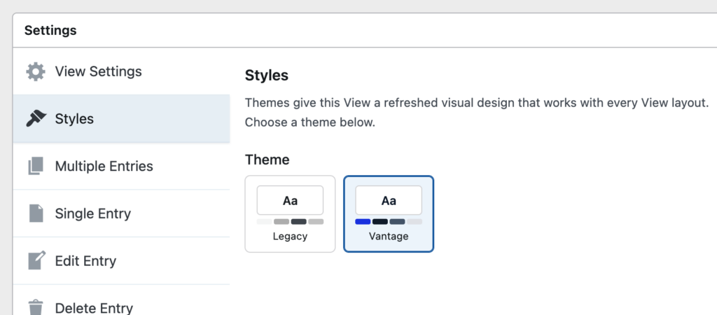 GravityView Styles tab with the Vantage theme selected