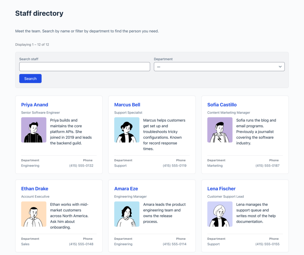Staff directory built with GravityView, showing a search bar, department filter dropdown, and a three-column grid of staff cards with photos, job titles, bios, and phone numbers