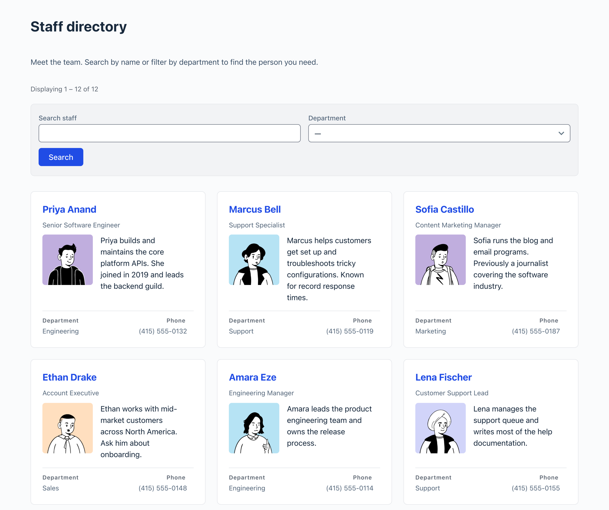 Staff directory built with GravityView, showing a search bar, department filter dropdown, and a grid of staff cards with photos, job titles, and bios