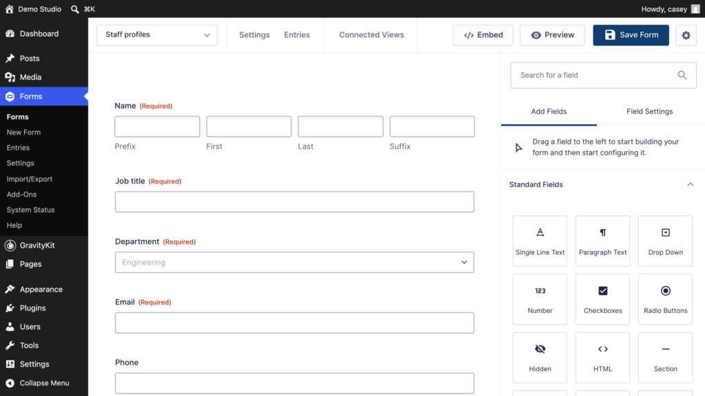 Gravity Forms form editor displaying the Staff profiles form with Name, Job title, Department, Email, and Phone fields