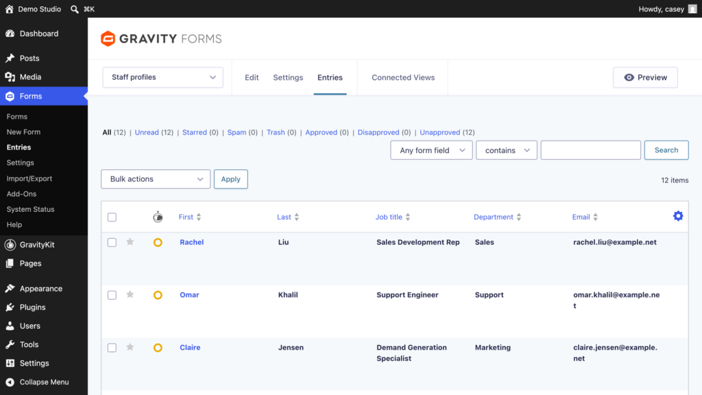 Gravity Forms entries list showing 12 staff entries with first name, last name, job title, department, and email columns