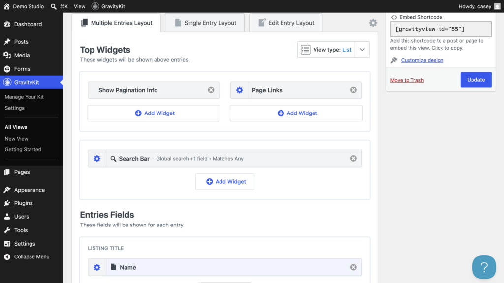 GravityView View editor showing the Staff directory View with a search bar widget, pagination widgets, and the embed shortcode