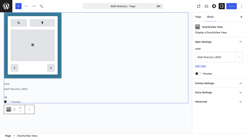 WordPress block editor with the GravityView View block added to a page and the Staff directory View selected in the block settings
