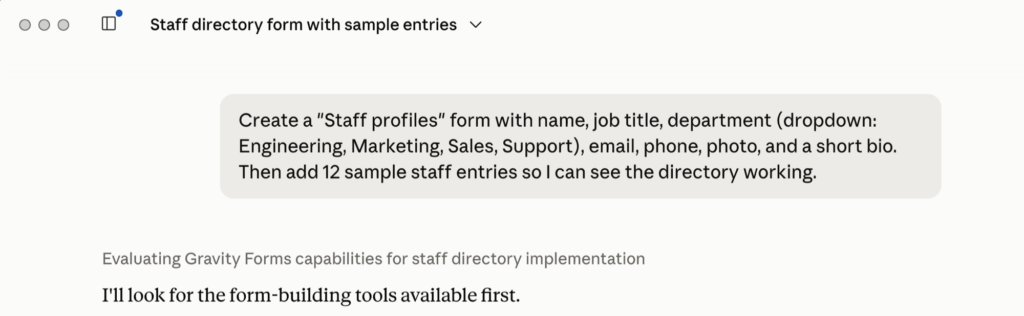 Claude Desktop conversation with a prompt asking for a Staff profiles form with 12 sample entries, and Claude starting to work on it