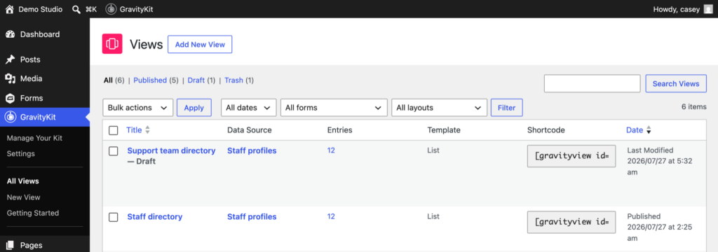 GravityView Views list showing the published Staff directory View and a cloned draft named Support team directory