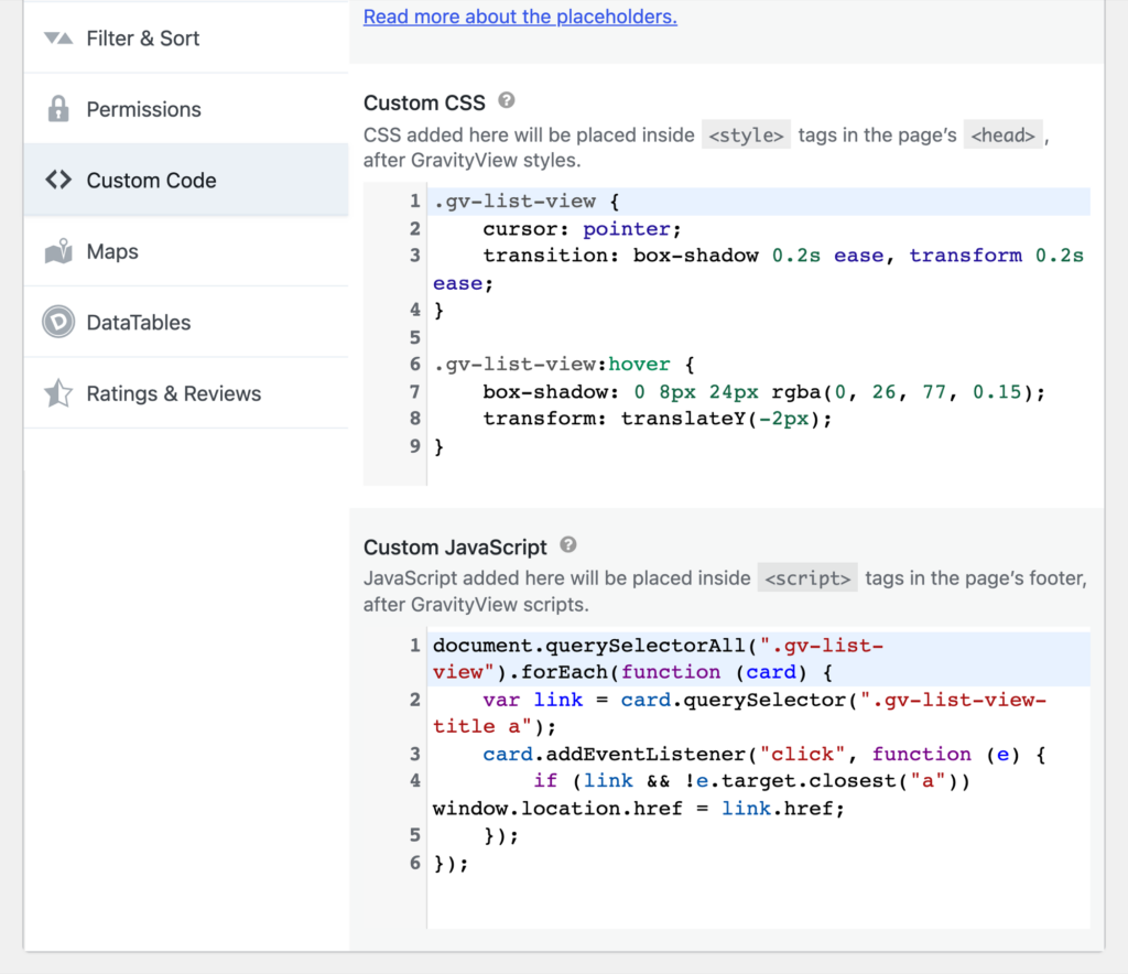 GravityView View settings open at the Custom Code tab, showing the custom CSS and custom JavaScript the AI wrote for the staff directory